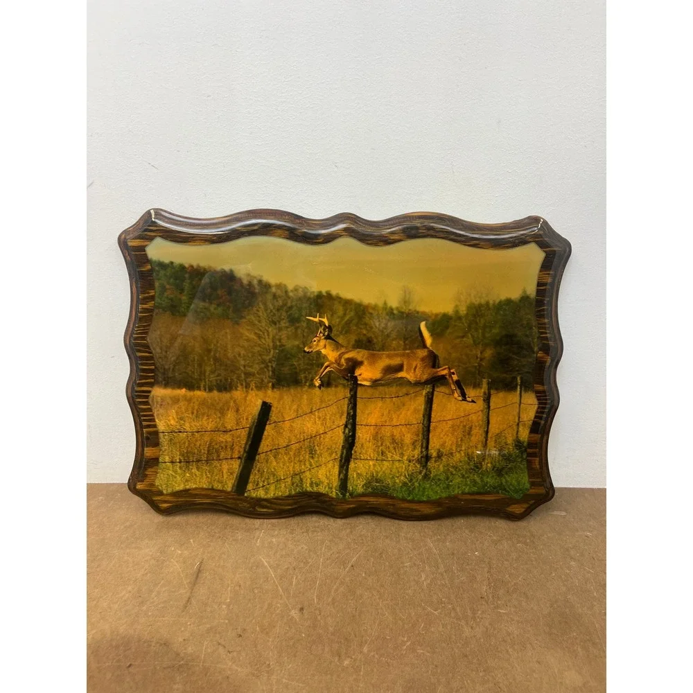 Vintage Wood Lacquer White Tail Deer Picture Cabin Wall Art Hunting Lodge Decor